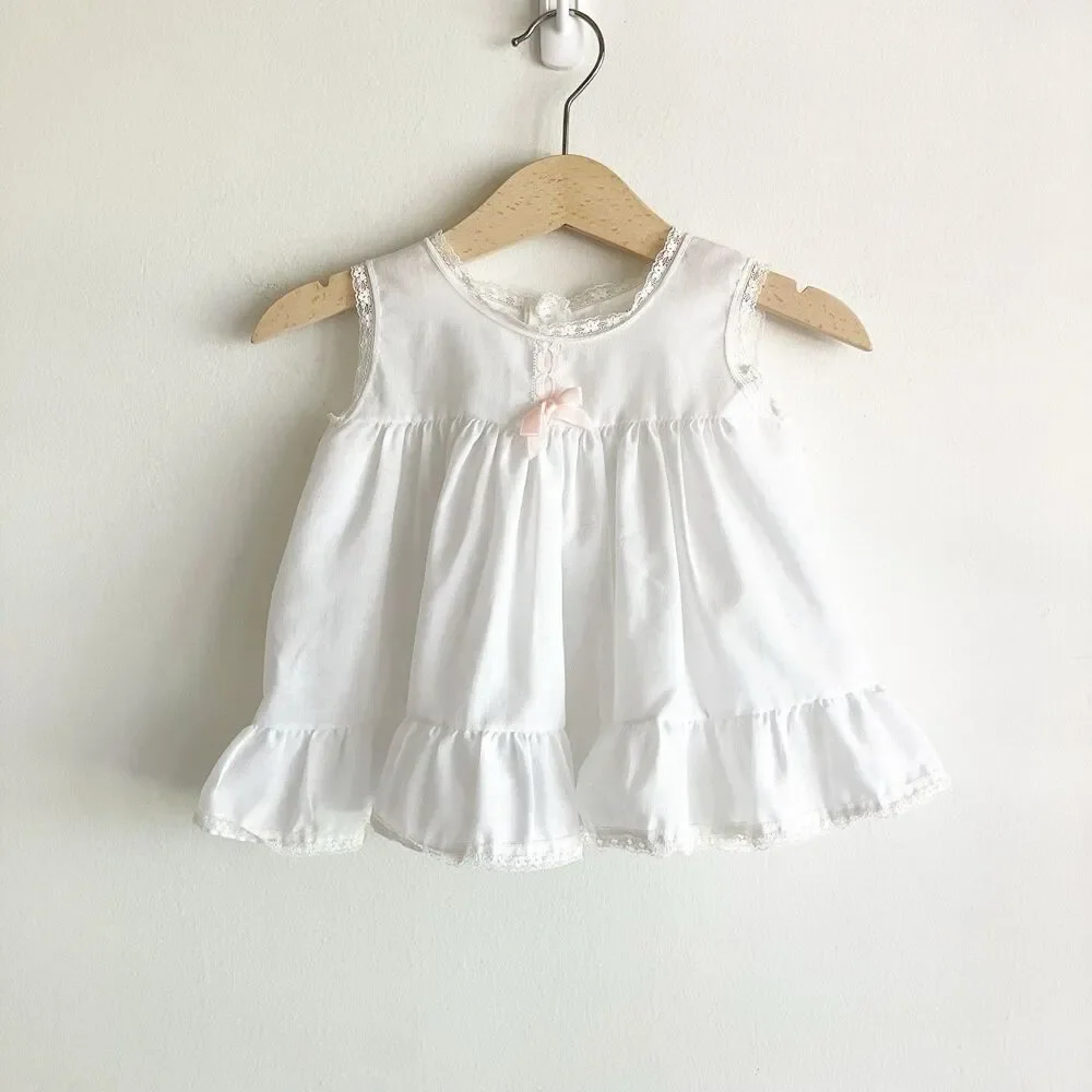 Vintage Issacson Carrico Slip Dress Baby Girl 18M White Pink Bow Ruffle Lace
